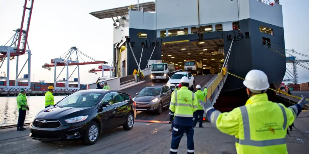 Un buque RoRo descarga coches coreanos usados en un puerto europeo durante el proceso de importación.